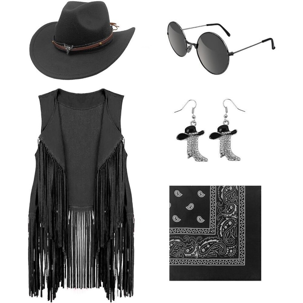 Western Cowgirl Costume Set Polyester Fringe Vest Hat Earrings Accessories